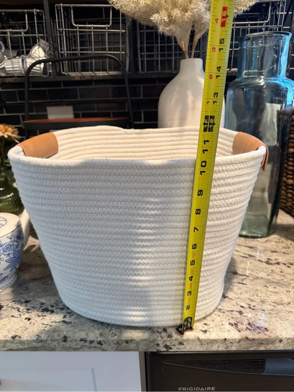 Cream Rope Storage Basket with Leather Handles